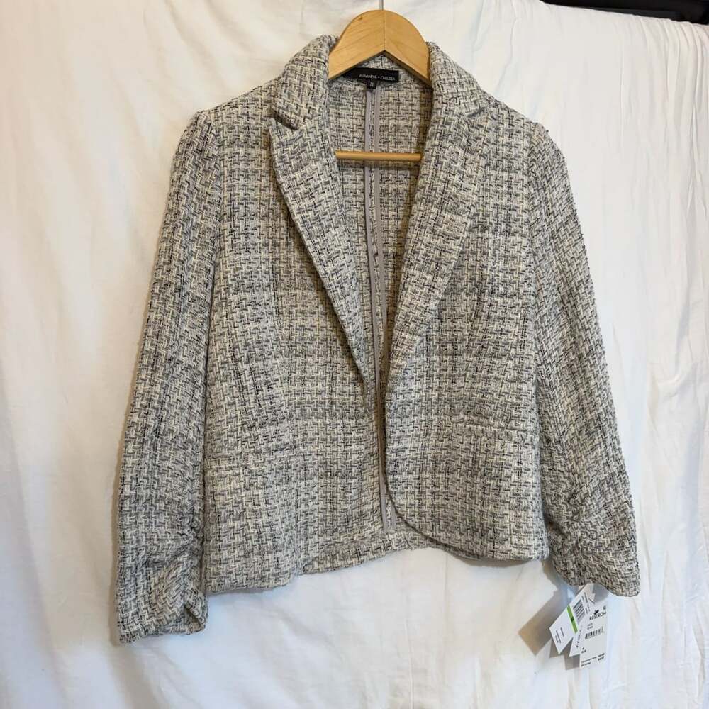 Amanda + Chelsea Size M Grey Silver Boucle Scrunch Sleeve Blazer